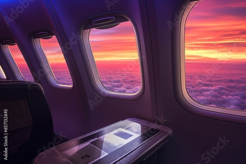 Sunset and clouds from the window inside an airplane. photo