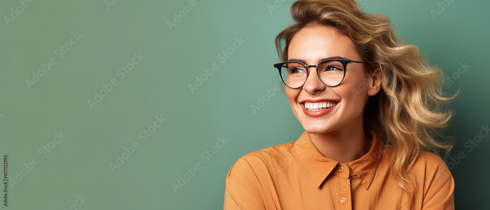 a woman in glasses is smiling near solid background, with empty copy space a woman in glasses is smiling near solid background, with empty copy space