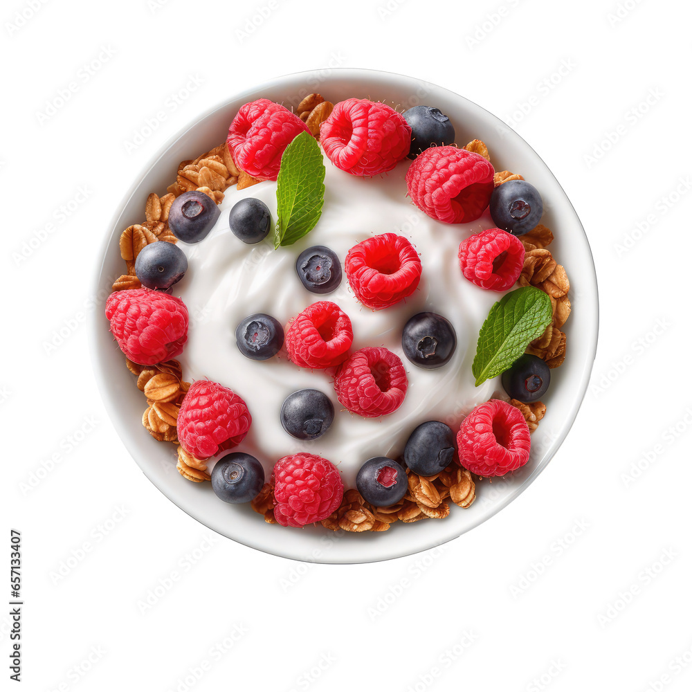 bowl of granola with yogurt and berries isolated on white bowl of granola with yogurt and berries isolated on white