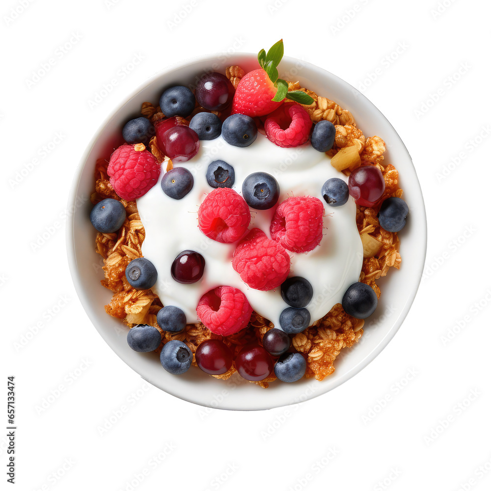 bowl of granola with yogurt and berries isolated on white bowl of granola with yogurt and berries isolated on white