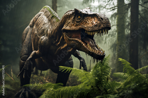 T rex or tyrannosaurus rex a large carnivorous theropod dinosaur of the Jurassic Cretaceous period with a fierce large monster size head jaw and teeth, Generative AI stock illustration image © Tony Baggett