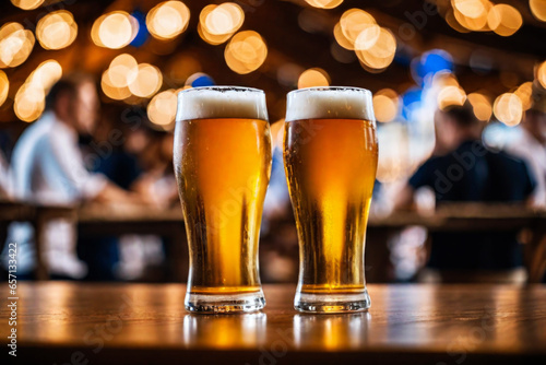 Glass of fresh and cold beer on a table in a bar on blurred bokeh background
