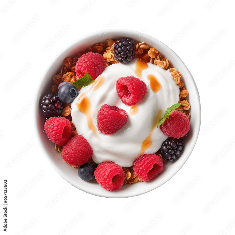bowl of granola with yogurt and berries isolated on white bowl of granola with yogurt and berries isolated on white
