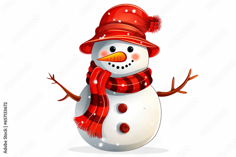 Cartoon snowman a winter sculpture during the festive season of Christmas which could be used as a greeting card, computer Generative AI stock illustration isolated on a white background