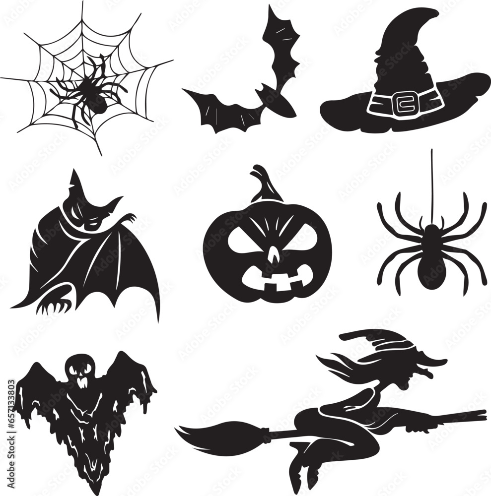Obraz premium set of festive halloween elements, ghost, witch, hat, bat, pumpkin, spider, happy Halloween, terror, spooky, fear, suspense