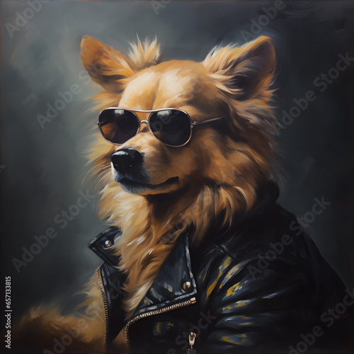 A rockstar dog wearing sunglasses and a leather jacket © Eduardo