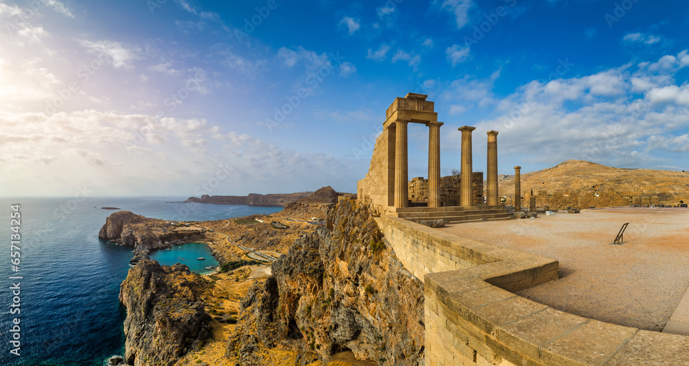 Ruins of Acropolis of Lindos view, Rhodes, Dodecanese Islands, Greek Islands, Greece. Acropolis of Lindos, ancient architecture of Rhodes, Greece.