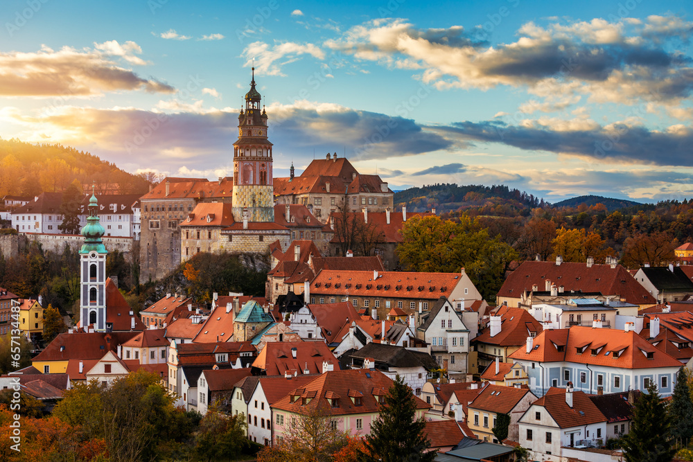 View of historical centre of Cesky Krumlov town on Vltava riverbank on autumn day overlooking medieval Castle, Czech Republic. View of old town of Cesky Krumlov, South Bohemia, Czech Republic.