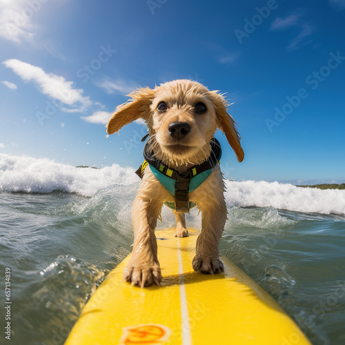 a cute little surfer dog wearing a yellow outfit on the beach, Generative AI