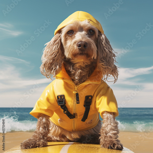 a cute little surfer dog wearing a yellow outfit on the beach, Generative AI