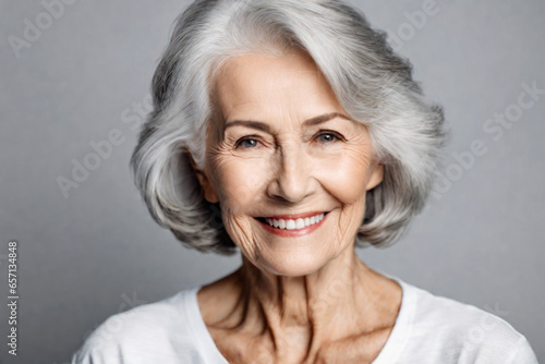 Happy beautiful elderly senior model with grey hair laughing and smiling, closeup portrait of beauty mature old woman with hairstyle and makeup, healthy face skin with wrinkles, dental care