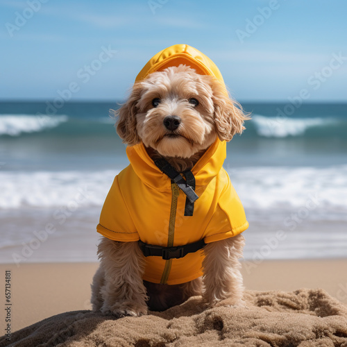 a cute little surfer dog wearing a yellow outfit on the beach, Generative AI
