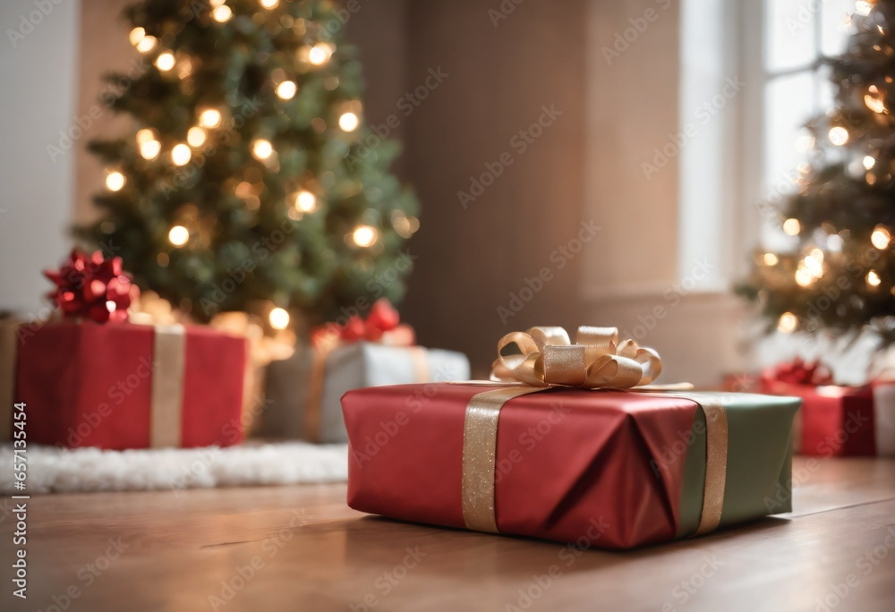 Christmas  Gift On The Floor Near Decorated Tree