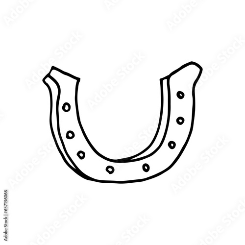 Horseshoe, metal, arched, with holes. Protecting your horse's hooves from injury. Doodle. Vector illustration. Hand drawn. Outline.