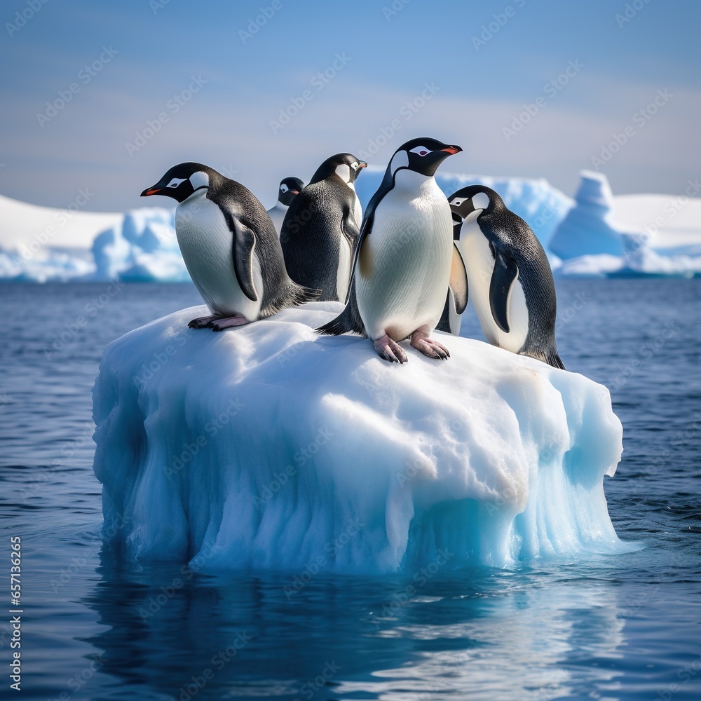a group of penguins on an iceberg