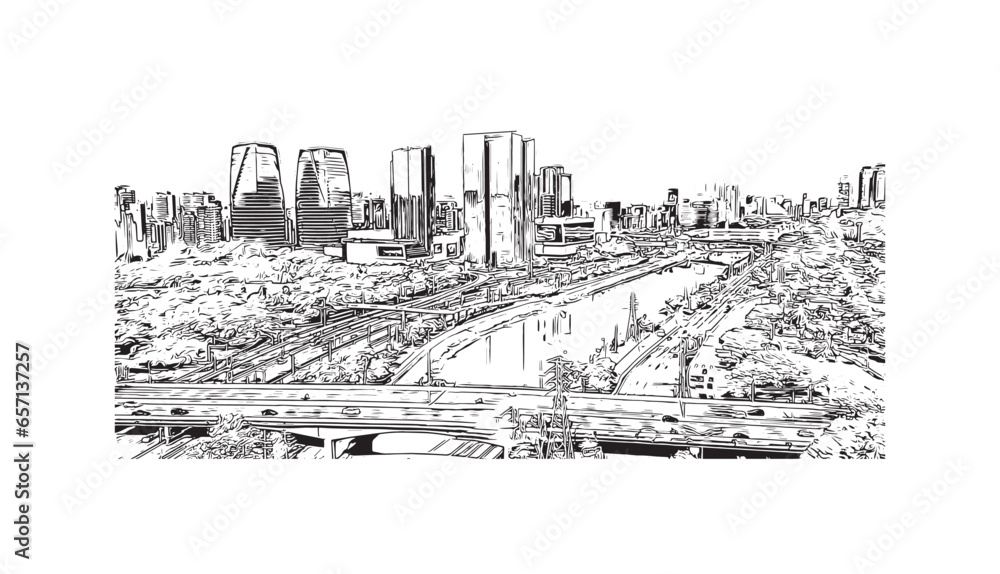 Building view with landmark of Sao Paulo is the city in Brazil. Hand drawn sketch illustration in vector.