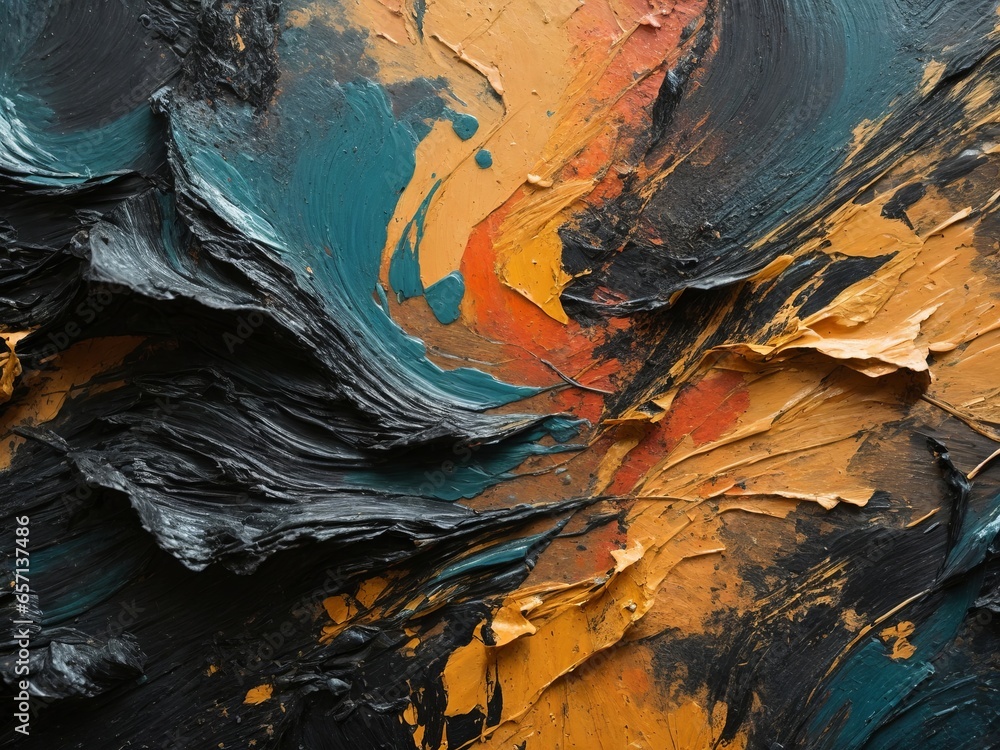 Closeup of abstract rough black-orange-blue art painting texture, with oil brushstroke, pallet knife paint on canvas