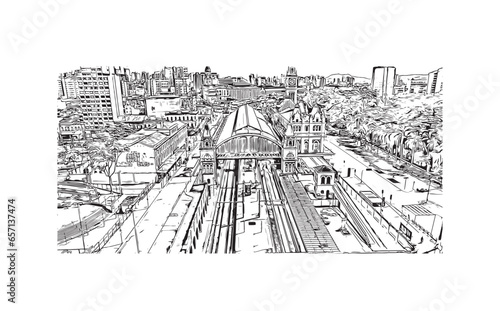 Building view with landmark of Sao Paulo is the city in Brazil. Hand drawn sketch illustration in vector.