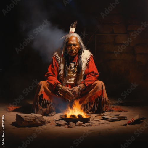 Un chef indien assis autour d'un feu pendant la nuit photo