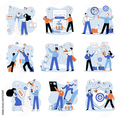 Successful project launch. Vector illustration. Project launch startup, brave dive into seof possibilities A development project idea, foundation stone of potential breakthrough Project launch