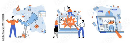 Promotion discount sale. Vector illustration. Forecast of future sales, pathfinder in wilderness of business uncertainties Flash sale online, unexpected treasure hunt for online shoppers Sales index