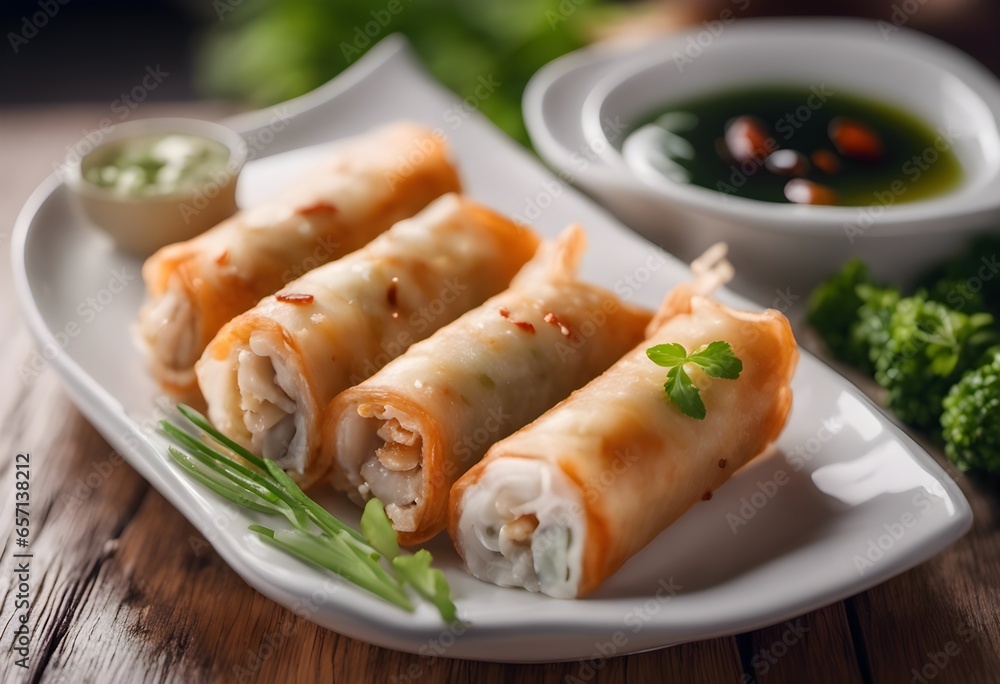 Garlic chicken spring rolls recipe photography, blurred background Garlic chicken spring rolls recipe photography, blurred background
