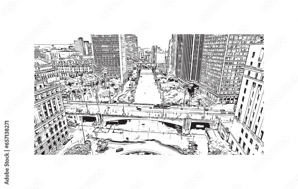 Building view with landmark of Sao Paulo is the city in Brazil. Hand drawn sketch illustration in vector.