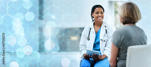 Fotografija Mature woman, doctor and patient in hospital, consultation and smile for results, support and care