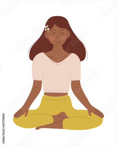 a girl in the lotus position is meditating. vector flat illustration