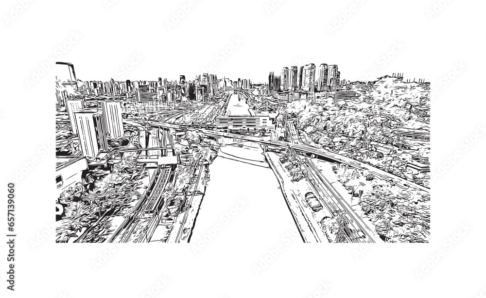Building view with landmark of Sao Paulo is the city in Brazil. Hand drawn sketch illustration in vector.