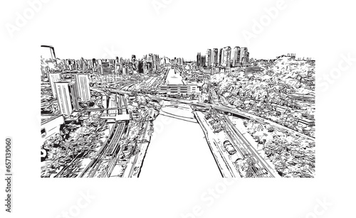 Building view with landmark of Sao Paulo is the city in Brazil. Hand drawn sketch illustration in vector.