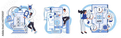 Application testing metaphor. Vector illustration. Software testing, final frontier before code goes live Application testing, diagnostic procedure for softwares health App test, rehearsal stage