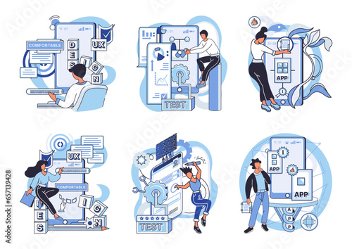 Application testing metaphor. Vector illustration. Software testing, cleaner that sweeps potential bugs off software floor Application testing, safety check ensuring glitch-free user experiences