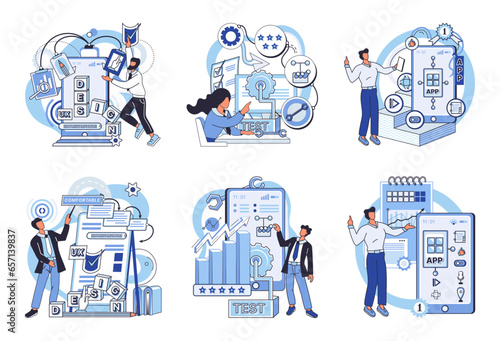 Application testing metaphor. Vector illustration. Application testing, quality assurance step in software lifecycle App test, proving ground where apps robustness is checked Software testing