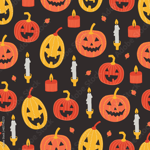 Halloween seamless pattern with pumpkins, stars and candles. Vector illustration