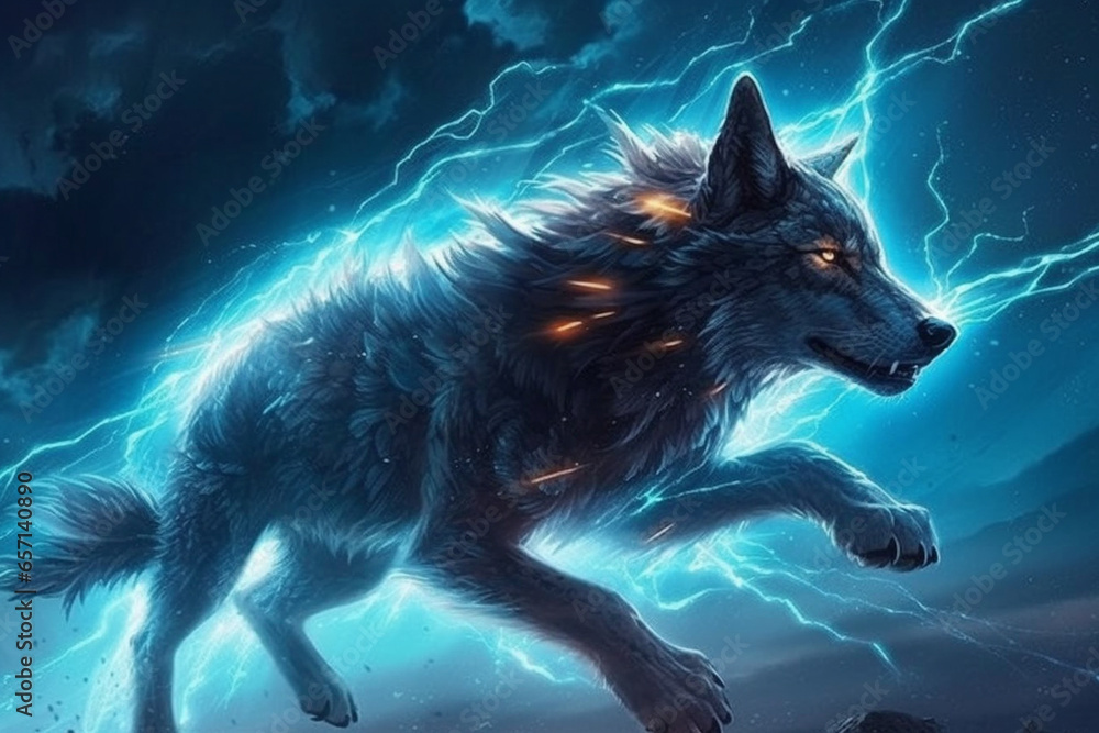 Digital illustration of a wolf with lightning in the background. 3D rendering