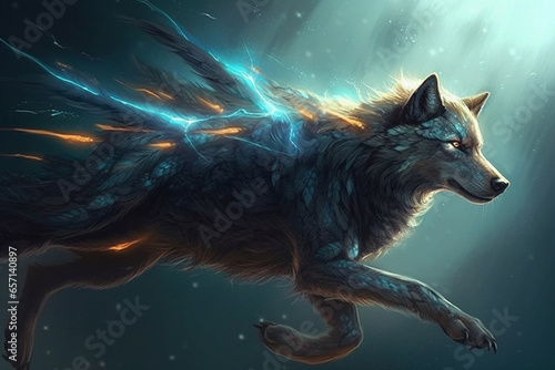 Digital illustration of a wolf with lightning in the background. 3D rendering