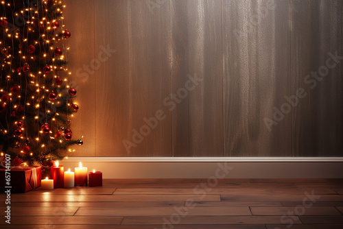 Árbol de navidad con espacio para texto sobre fondo y suelo en madera con velas photo