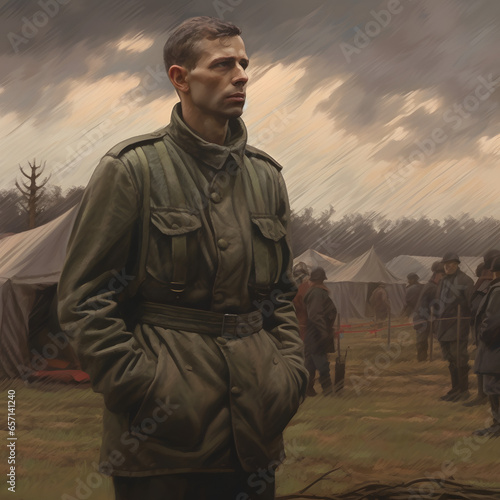 a soldier stands in a military camp, looking out towards the horizon, Generated AI photo
