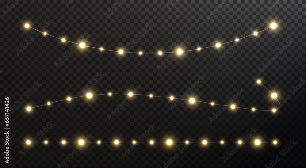 Festive Christmas light gold garlands PNG. Decor element for postcards, invitations, backgrounds, business cards. Winter new collection 2023.	
