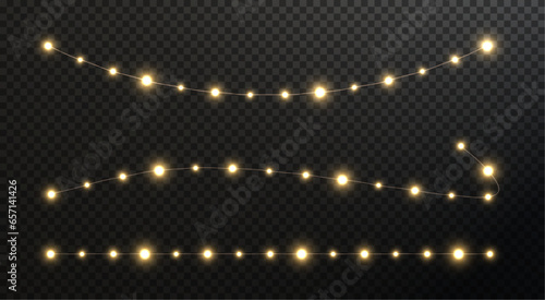 Festive Christmas light gold garlands PNG. Decor element for postcards, invitations, backgrounds, business cards. Winter new collection 2023.	
