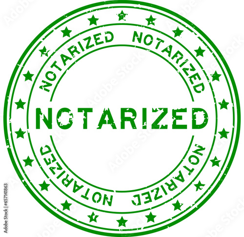 Grunge green notarized word with star icon round rubber seal stamp on white background