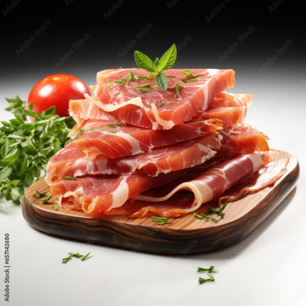  sliced bacon with green leaves on a board on the table. 