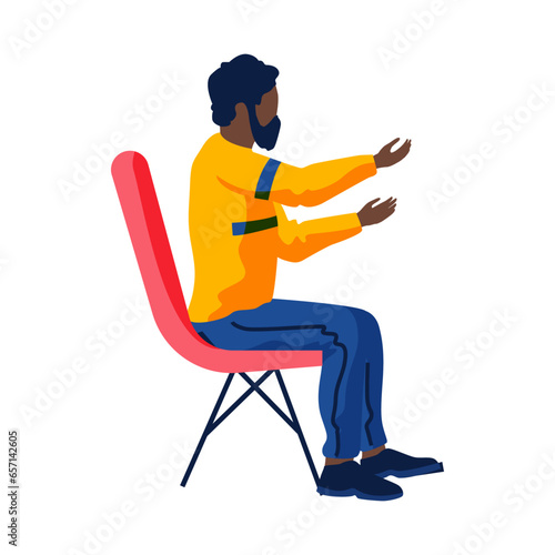 Business man pose male character sit down. African american bearded man sits on chair side view. Person stretched his arms forward, gesture of surprise or taking something, communicating businessman