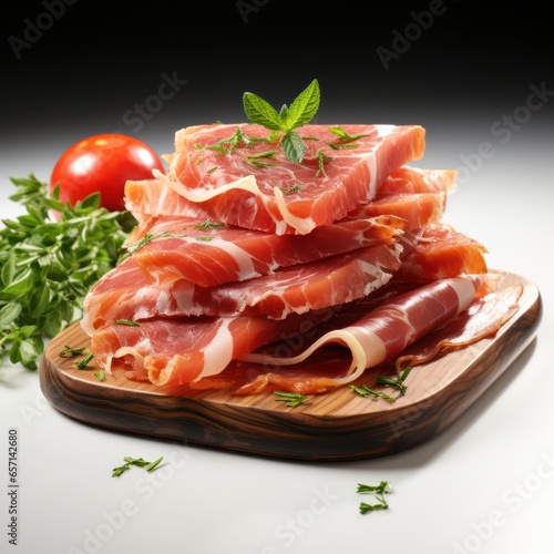  sliced bacon with green leaves on a board on the table. 