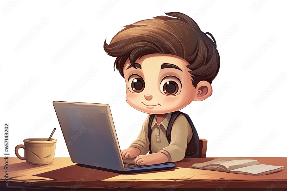 Cartoon boy sitting at a table with a laptop on a white background. The concept of online education at school. Cartoon boy sitting at a table with a laptop on a white background. The concept of online education at school.