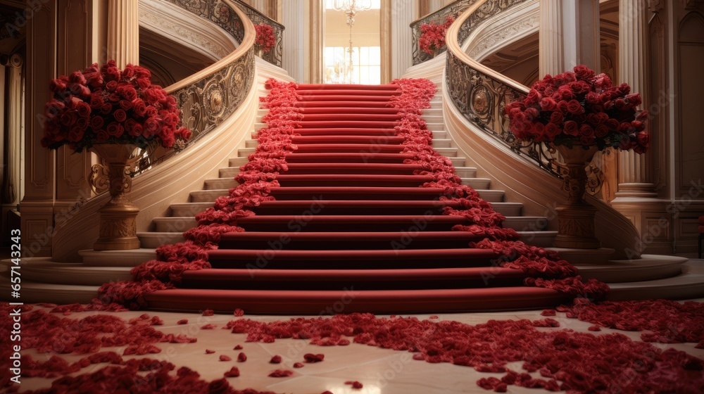 Obraz na płótnie An elegant staircase covered in red carpet, adorned with scattered red roses. w salonie