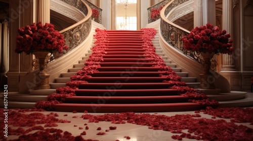 An elegant staircase covered in red carpet, adorned with scattered red roses.