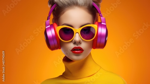 Portrait of a beautiful stylish woman in fashionable glasses listening to music on headphones  close-up