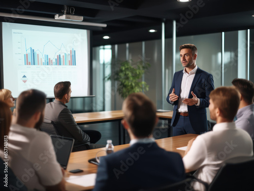 Man presenting to business team in meeting, businessman speaking before conference meeting